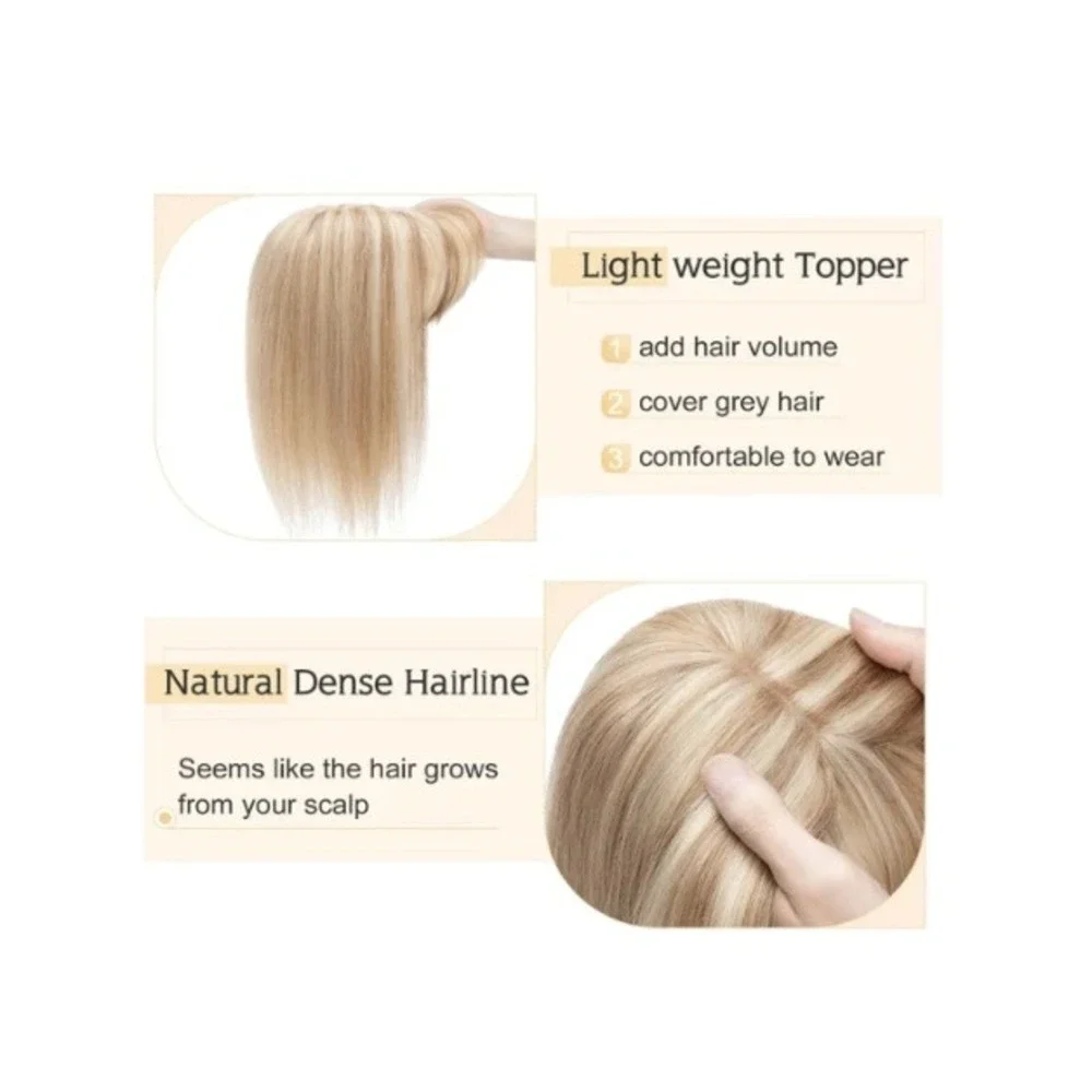 SEGO Human Hair Topper with Bangs 6in Ash Blonde Bleach Silk Base Remy Hairpiece